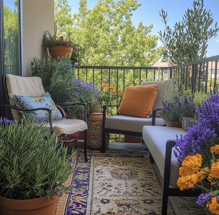 lush balcony garden featuring a variety of insect-repelling plants, including rosemary, citronella, marigolds, sage, lavender, floss flowers, and catnip, arranged around a seating area with urban views.